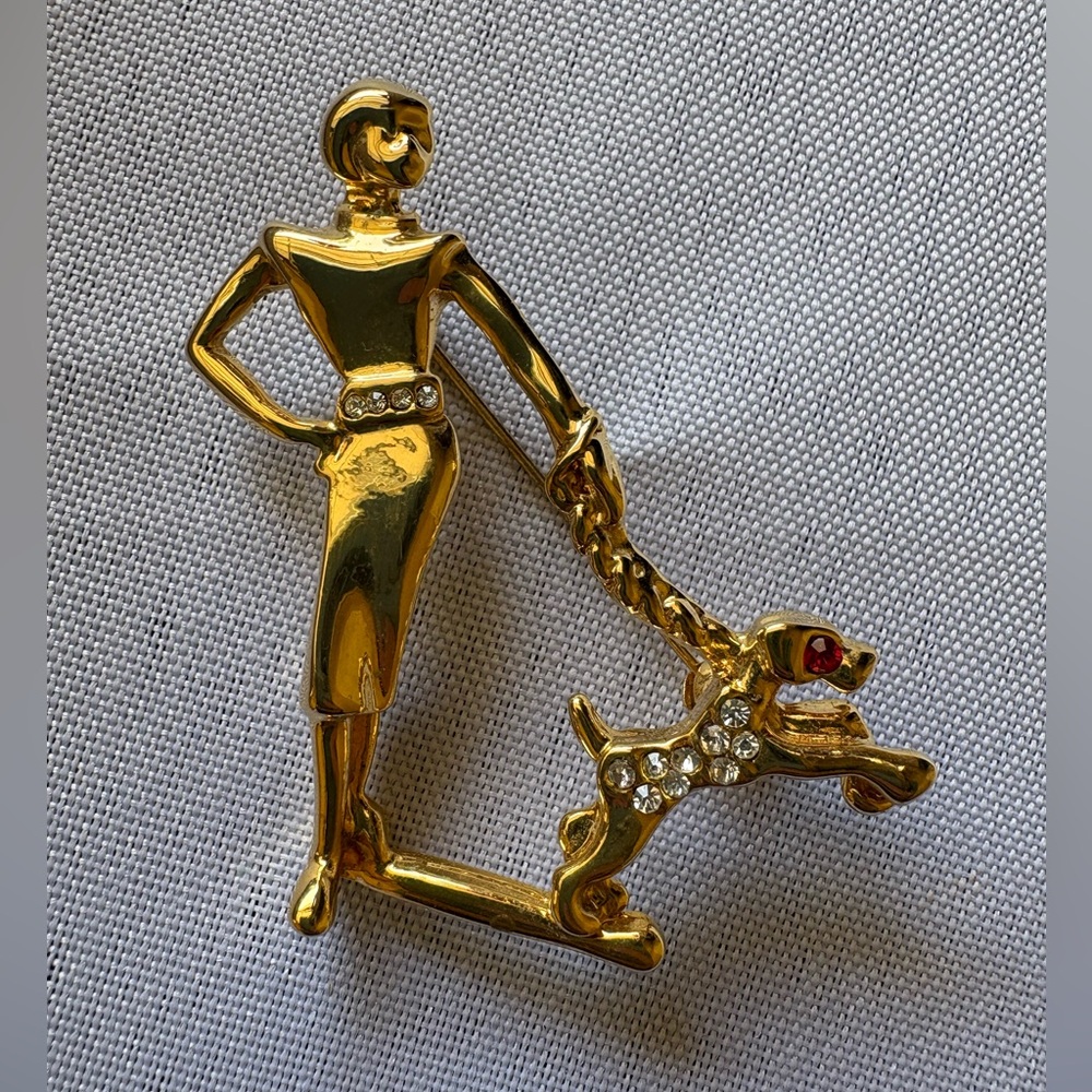 Vintage Brooch: Lady Walking Dog